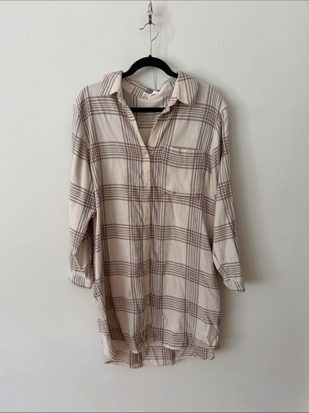 Cream & Taupe Plaid Button-Up Shirt Dress